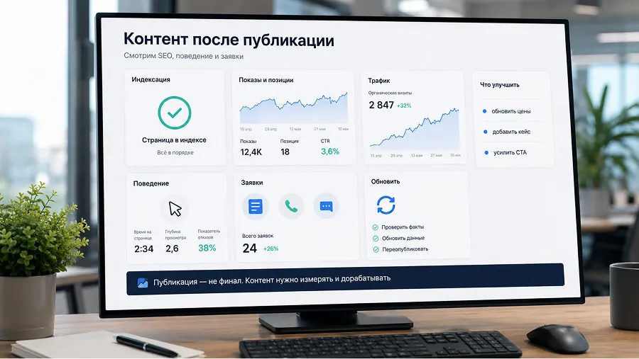 Как оценить эффективность контента после публикации: позиции, трафик, поведение и заявки